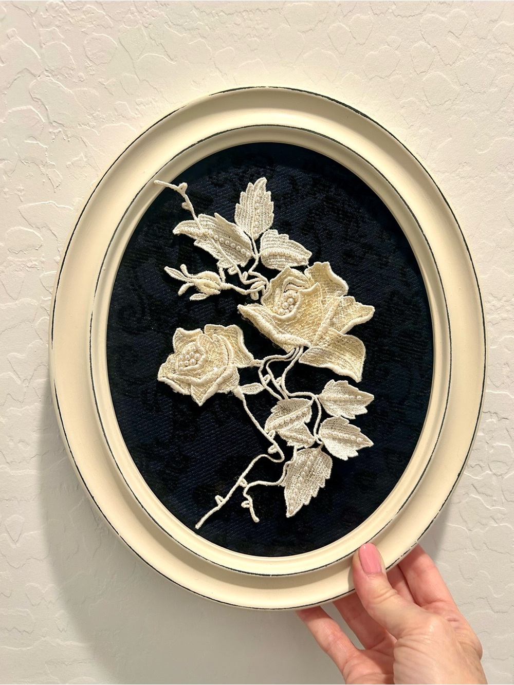 Ivory Lace Rose Wall Art on Dark Navy textured Background